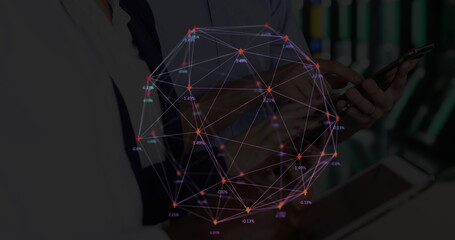Poster - Image of web of connections with numbers floating over a gorup of people using tablets