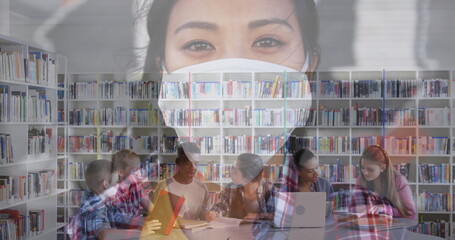 Poster - Image of Asian woman in mask for protection against coronavirus Covid 19 over Multi-ethnic group of 