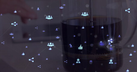 Poster - Image of web of connections with icons floating over hands of a man using a digital tablet