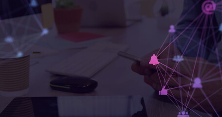 Poster - Image of web of connections with icons floating over hands of a man using a smartphone