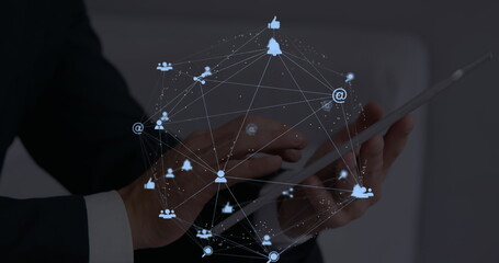 Poster - Image of web of connections with icons floating over hands of a man using a digital tablet