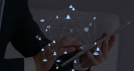 Poster - Image of web of connections with icons floating over hands of a man using a digital tablet
