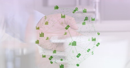 Poster - Image of web of connections with icons floating over caucasian man using a smartphone