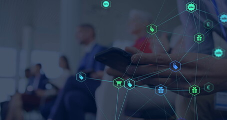 Poster - Image of web of connections with icons floating over hands of a man using a smartphone