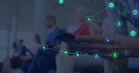 Poster - Image of web of connections with icons floating over hands of a man using a smartphone