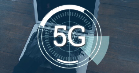 Poster - Digital image of futuristic circles moving around 5G with background a hacker wearing gloves using a