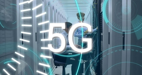 Poster - Digital image of futuristic circles moving around 5G with background of   Caucasian technicians look