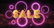 Digital image of sale text golden foil balloons over neon circular shapes against diigtal waves