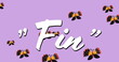 Digital image of fin text against multiple butterfly icons floating on purple background
