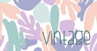 Image of vintage text in blue over organic pastel shapes on white background