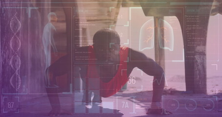 Wall Mural - Image of medical data processing over african american man exercising at beach