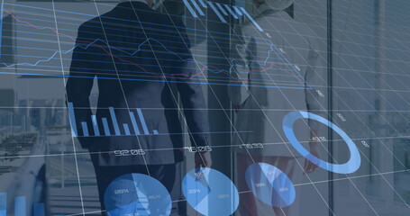 Poster - Image of financial data processing over diverse business people in office