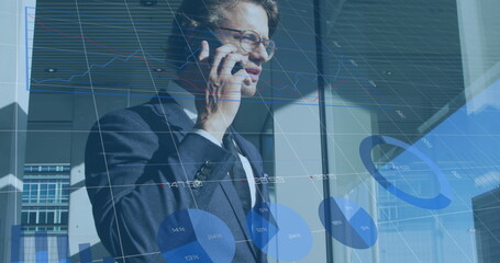 Wall Mural - Image of financial data processing over caucasian businessman in office