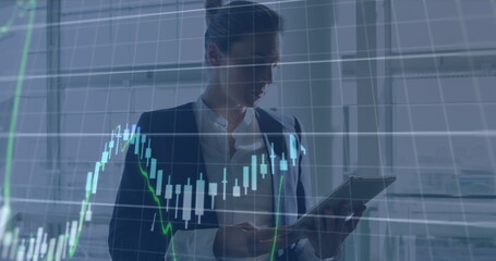 Poster - Image of financial data processing over caucasian businesswoman in office