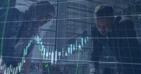 Poster - Image of financial data processing over diverse business people in office