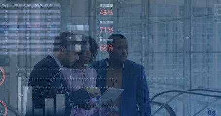 Poster - Image of financial data processing over diverse business people in office