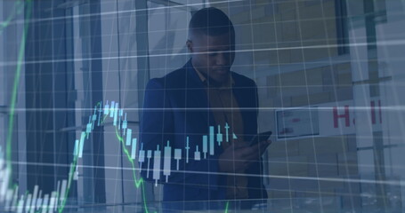 Poster - Image of financial data processing over african american businessman in office