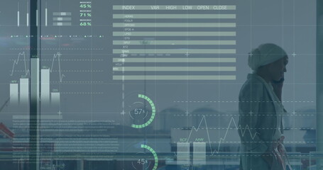 Poster - Image of financial data processing over biracial businesswoman in office