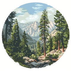 Wall Mural - A painting of a forest with a mountain in the background