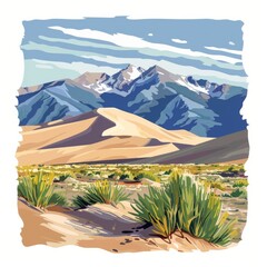 Wall Mural - A painting of a desert with mountains in the background