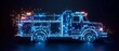 digital blue hologram fire truck  with data streams, ai emergency response systems, route optimization algorithms, predictive maintenance schedules, firefighting operations.

