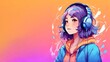 © melhak - Anime girl with headset listening to music, colorful background - anime character, music enjoyment