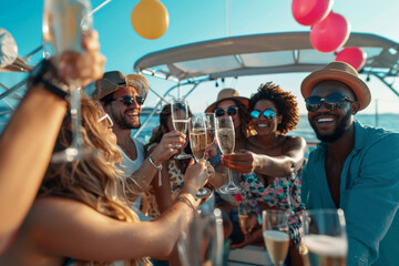 Group of diverse friends toasting champagne having fun party celebration in yacht sailing sea holidays vacation summer travel