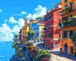Illustrate a whimsical scene where travel experiences intertwine with artistic flair, portrayed in a vibrant and dynamic pixel art composition with a unique tilted perspective