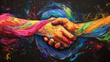 Fototapeta Sawanna - Human handshake with colorful paint splashes on abstract background.
