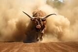 Fototapeta  - A large bull raises dust with its furious running against the backdrop of sunset rays, a symbol of the state of Texas, bullfighting