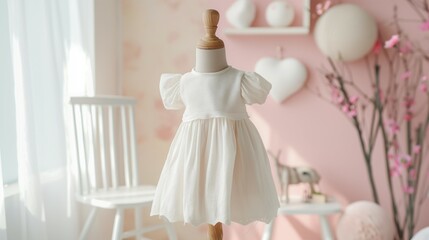 Baby, infant white dress mockup, nursery interior background