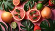   Grapefruits, oranges, strawberries, limes, and strawberries against a pink background