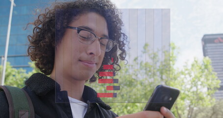Poster - Image of colourful graph over smiling biracial man using smartphone in street