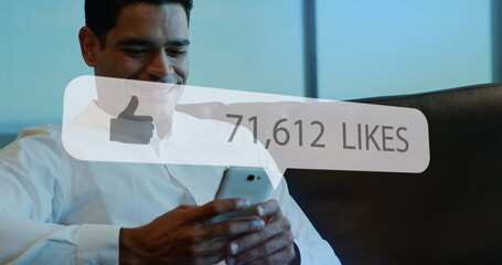 Poster - Image of social media likes notification over smiling asian man using smartphone