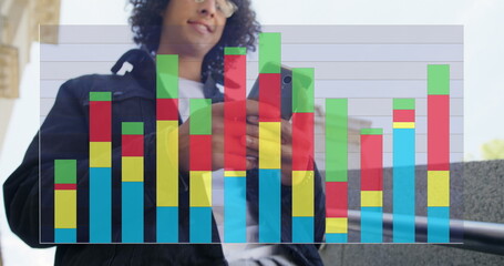 Poster - Image of colourful graph over smiling biracial man using smartphone in street