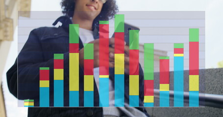 Poster - Image of colourful graph over smiling biracial man using smartphone in street