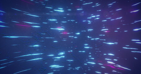 Poster - Image of light trails over network of connections on black background
