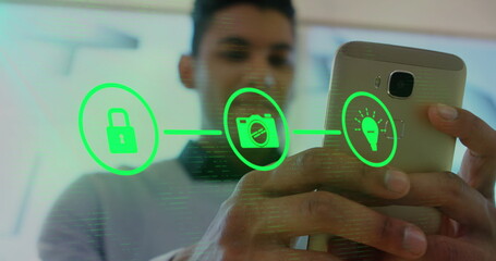 Poster - Image of network with digital icons over biracial man using smartphone