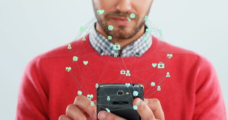 Poster - Image of network of connections with icons over caucasian man using smartphone