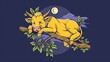   A yellow cow atop a tree branch, full moon rising in the backdrop, tree limb in the foreground