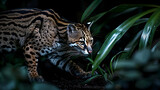 An ocelot at night, photographed using low-light settings to capture its stealthy hunt, set against a darkened forest floor background with copy space