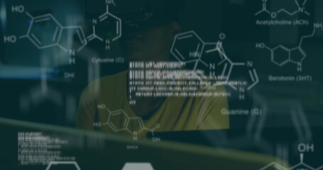 Poster - Image of chemical structures and data processing over african american woman wearing vr headset