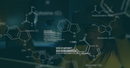 Poster - Image of chemical structures and data processing over african american woman wearing vr headset