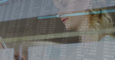 Poster - Image of lines and data processing over happy caucasian woman using tablet