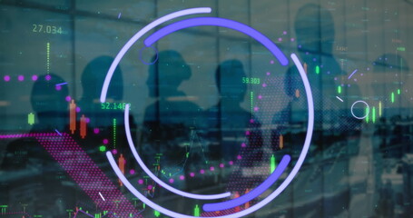 Poster - Image of data processing and shapes over diverse business people silhouettes