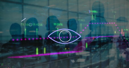 Poster - Image of data processing and shapes over diverse business people silhouettes