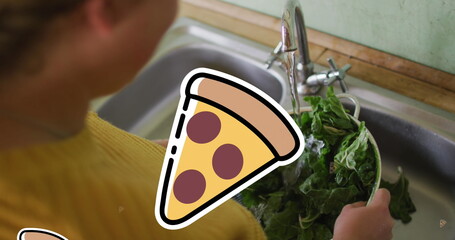 Poster - Image of pizza icons over caucasian woman washing salat