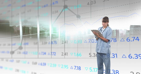 Poster - Image of financial data and graphs over caucasian female doctor