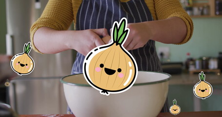 Sticker - Image of onion icons over caucasian woman cooking