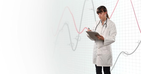 Poster - Image of financial data and graphs over caucasian female doctor